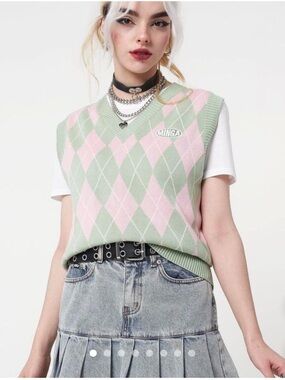 Minga London Milkshake Argyle Knitted Sweater Vest Preppy Academia Indie Large